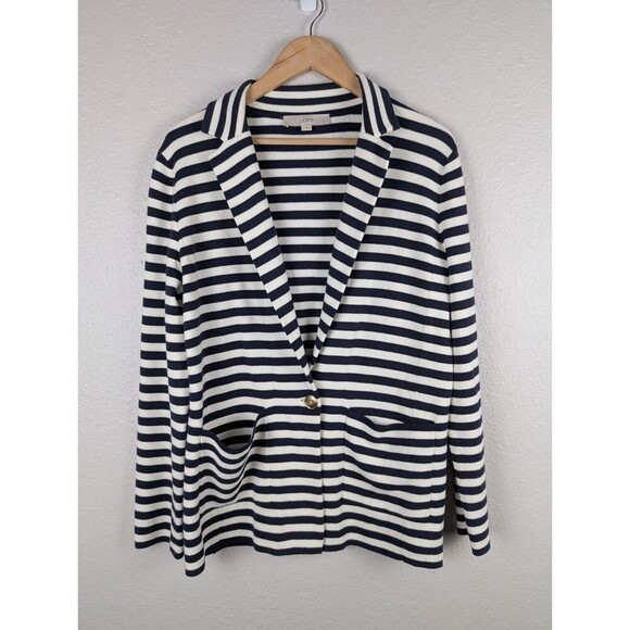 Ann Taylor Loft Navy White Stripe Knit Blazer Jacket S - Picture 2 of 9